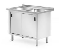HENDI Stalas su 2 kriauklėmis ir spintele stumdomomis durimis suvirintas Profi Line 1000x600x(H)850mm